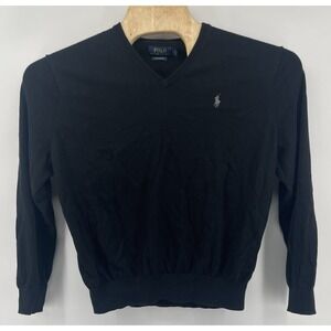 Polo Ralph Lauren Black V Neck Sweater Mens Lg 100% Pima Cotton Logo Lightweight